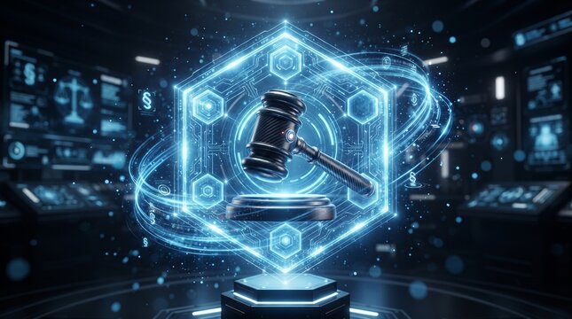 Judge gavel protected by glowing circuit shield, futuristic legal security concept for AI governance, trusted justice and digital judicial systems.