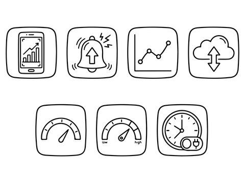 Energy Analytics And Smart Monitoring Icon Set With Smartphone App Graph Speedometer Alarm Bell Cloud Sync Linear Vector