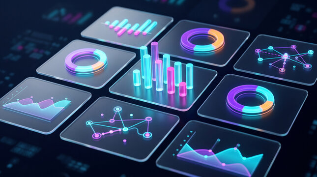 Modern isometric data visualization concept featuring floating translucent glass panels with glowing 3D financial charts and network graphs for analytics
