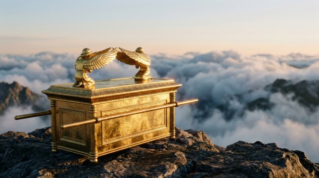 Golden ark of the covenant with cherubim on a mountain peak above clouds under a bright sky