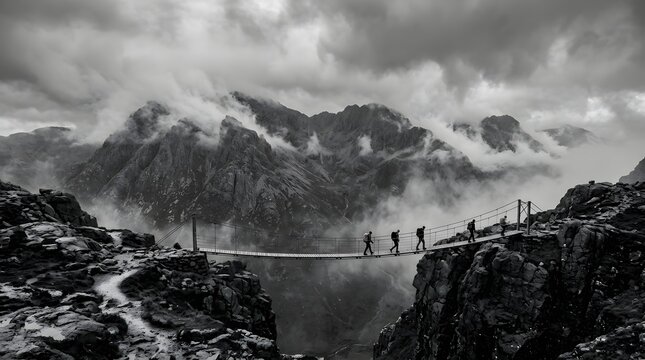 Hikers crossing a mountain suspension bridge. Group trekking on a misty alpine trail.