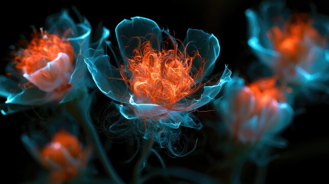 Ethereal translucent blue flowers with glowing fiery orange centers and wisps