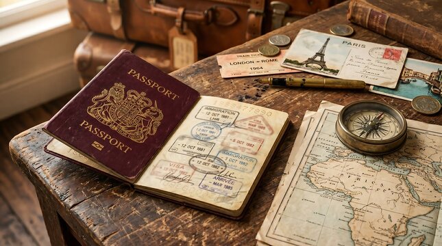 Open passport with travel stamps on vintage table. Adventure planning with old map and compass.
