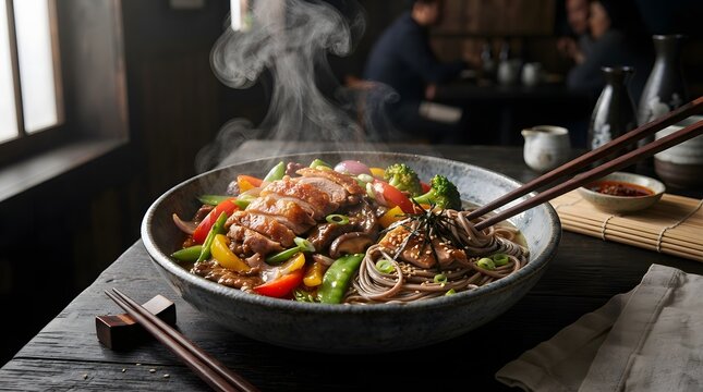 Chef stir-frying vegetables in a wok over high heat. Asian street food cooking with fresh ingredients and smoky wok hei technique.