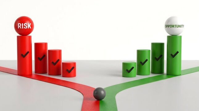 3D rendering showing a diverging path splitting into red risk and green opportunity directions. Features increasing green bars and decreasing red bar cylinders.
