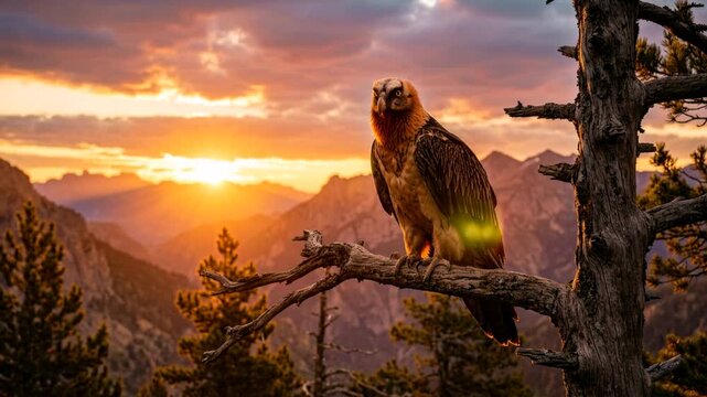 bearded vulture alpine europe tree branch sunset wildlife video
