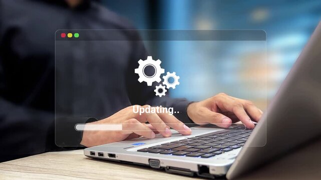Software Update and System Upgrade Concept. Patch update, Quick Upgrade, Updating Progress Bar, New Version, Improved Security Concept. Person Updating Operating System