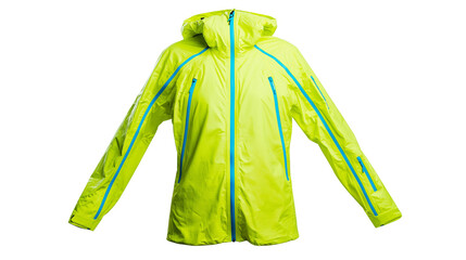 Bright yellow hooded windbreaker jacket with turquoise zippers, isolated on transparent background © Jonathan