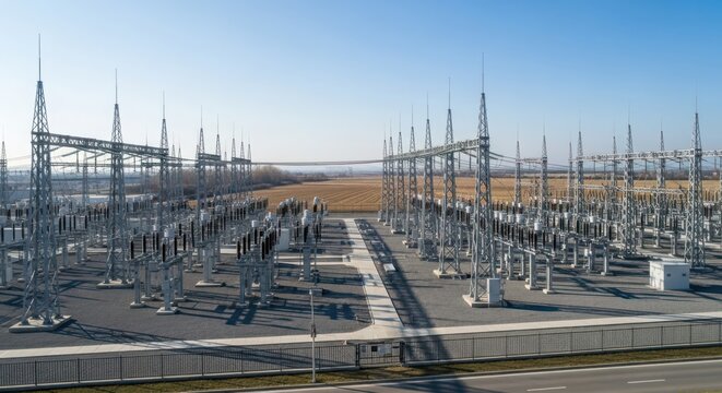 Expansive electrical substation with rows of transformers and transmission towers under a clear blue sky