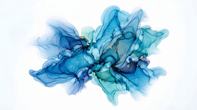 Abstract blue ink swirl in water creating floral pattern. Vibrant liquid art splash with organic texture and motion blur.