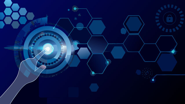 touching digital interface on dark blue background hand finger touchscreen interaction hexagon pattern technology futuristic data security