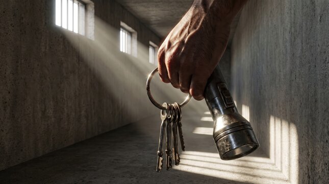 caucasian dirty hand holding metal keys and flashlight in dark concrete prison corridor with sunlight from barred windows. captivity, jailer, security concept. copyspace, banner, website header.