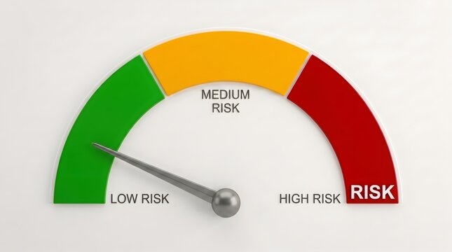 Risk gauge indicator with needle pointing to low risk green zone, symbolizing safe financial investment, security, stability, and minimal business danger