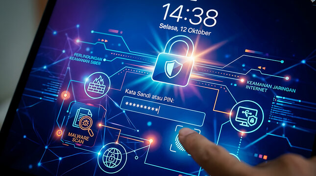 Digital hand interacting with futuristic holographic network interface.