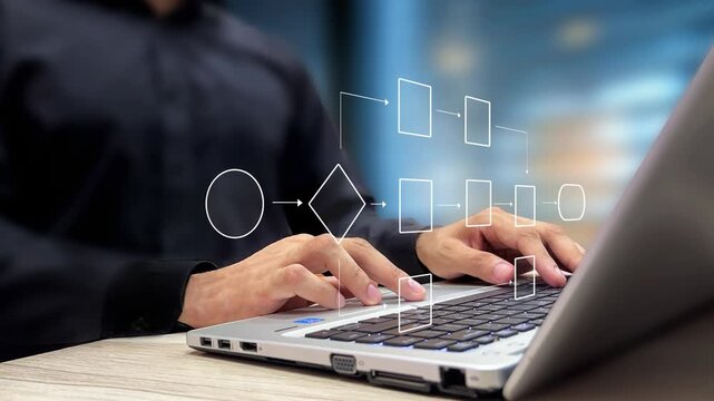 Flowchart Diagram and Workflow Processes Concept. Man Using Laptop to Design and Optimize Workflow. Business Process Management, BPM, Analysis, Management, Automation Technology