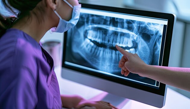 Dental professional analyzes digital mouth X-ray on screen