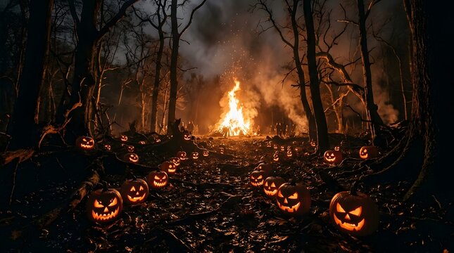 Dark forest at night with a large bonfire and many glowing jackolanterns on the ground