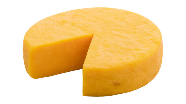 Whole cheddar cheese wheel with a slice removed, isolated on transparent background