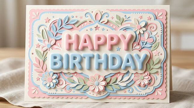Happy Birthday greeting card with floral paper art. Pastel 3D lettering for celebration.