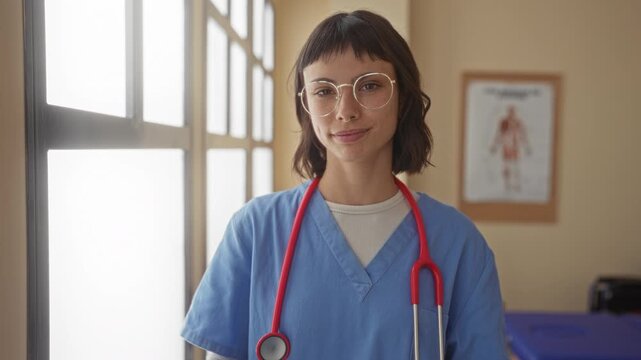 Woman nurse smiling wearing blue scrubs and stethoscope shows thumbs up in clinic; optimism compassion care.