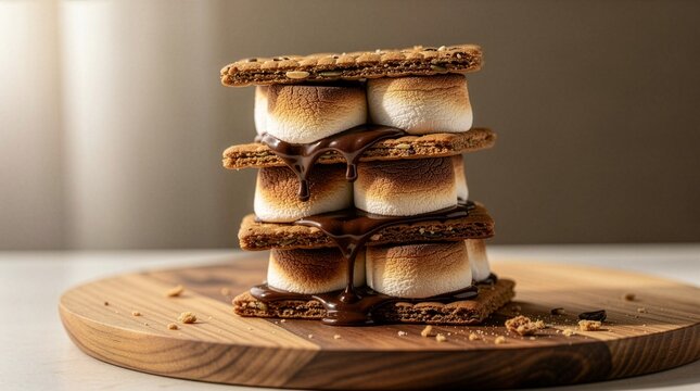 A tall stack of delicious s'mores with dripping melted chocolate and perfectly toasted marshmallows on whole grain graham crackers, served on a round wooden board in a close up side view