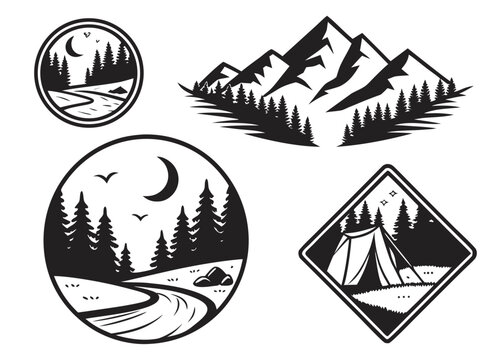 unique black vector emblems featuring a dense pine forest, winding river, mountain ridge, camping tent, and crescent moon. Pure white background, minimalist silhouette style, consistent visual weight,