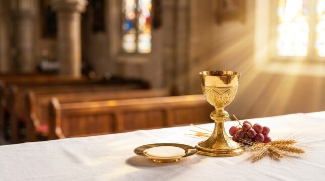 Holy communion elements: chalice, grapes, wheat, and host on an altar with church pews and stained glass window in background, illuminated by sunlight