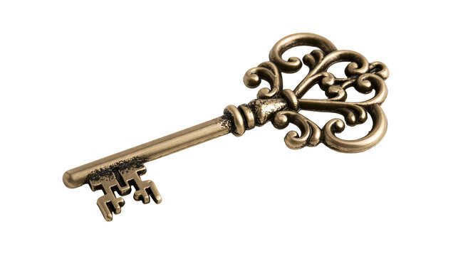 Antique ornate brass skeleton key with intricate scrollwork, isolated on transparent background