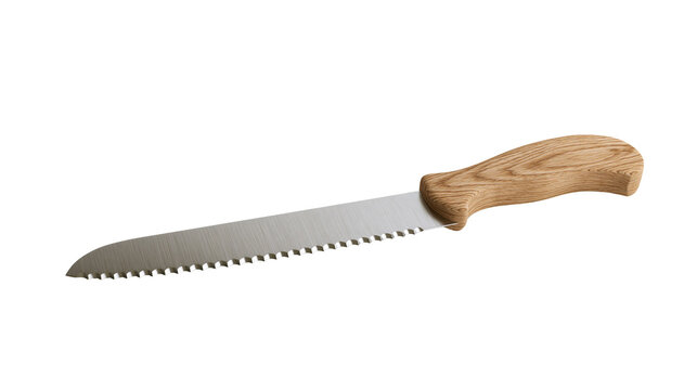 Serrated stainless steel bread knife with curved wooden handle, isolated on transparent background