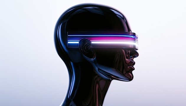 Sleek dark head wears futuristic visor with glowing neon light streams