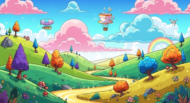 Whimsical fantasy landscape with colorful rolling hills and floating airships.