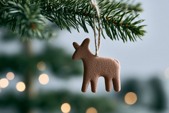 A handmade clay reindeer ornament hanging on a natural evergreen Christmas tree branch with warm bokeh lights. Scandinavian holiday decor, sustainable cozy festive atmosphere and seasonal styling.