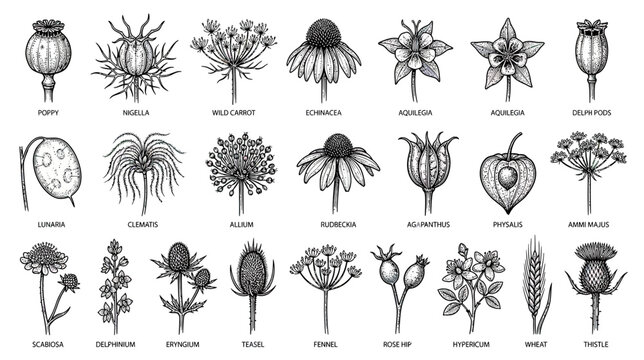Botanical Illustration Collection of Seed Pods and Flowers