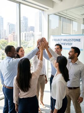 diverse business team joining hands in office celebrating success. project milestone achieved banner on glass wall. corporate teamwork, unity, motivation and goal achievement. presentation