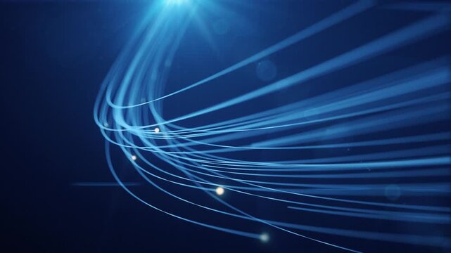 Digital data stream motion background animation with blue fiber optic data nodes and light beams streaming past the camera. This modern technology background is full HD and a seamless loop.
