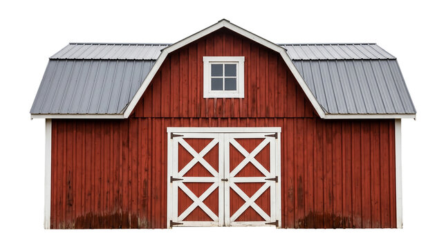 Classic red wooden farm barn isolated on a transparent background