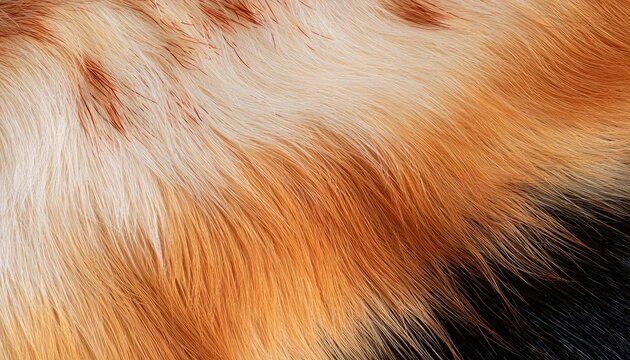 Close-up of soft, flowing animal fur with streaks of cream, brown, and black