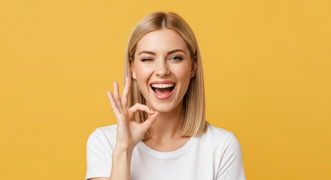 Happy Young Blonde Woman Winking and Showing OK Sign Gesture Isolated on Yellow Background