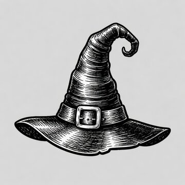 Vintage witch hat illustration with buckle detail.