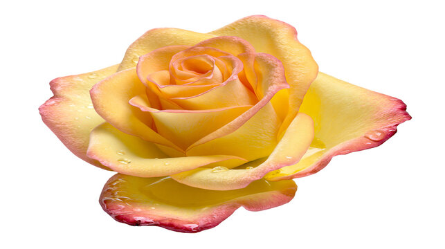Delicate yellow rose with pink edges and water droplets, isolated on transparent background