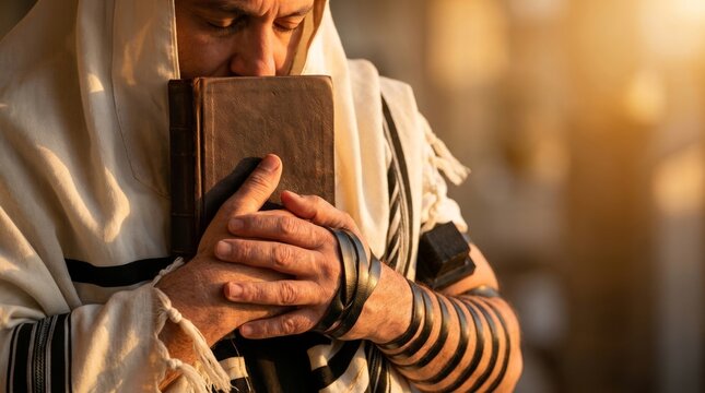 Elderly jewish man in prayer shawl and tefillin holding a holy book with closed eyes against a golden sunset backdrop