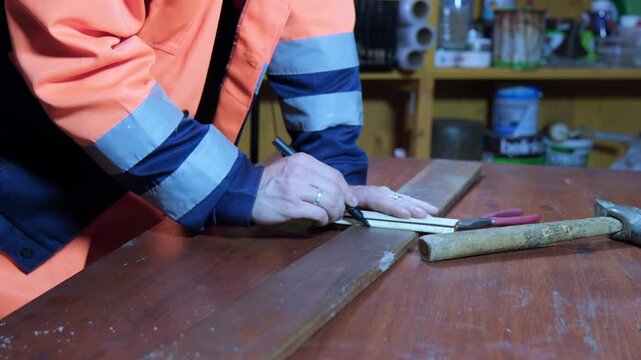 Carpenter works on wooden planks in workshop with tools and materials on table during daylight hours and marks it with a marker