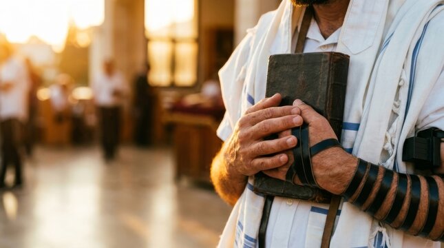 Elderly jewish man in prayer shawl and tefillin holding a holy book with closed eyes against a golden sunset backdrop