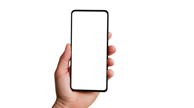 Human hand holding modern smartphone with blank screen, isolated on transparent background
