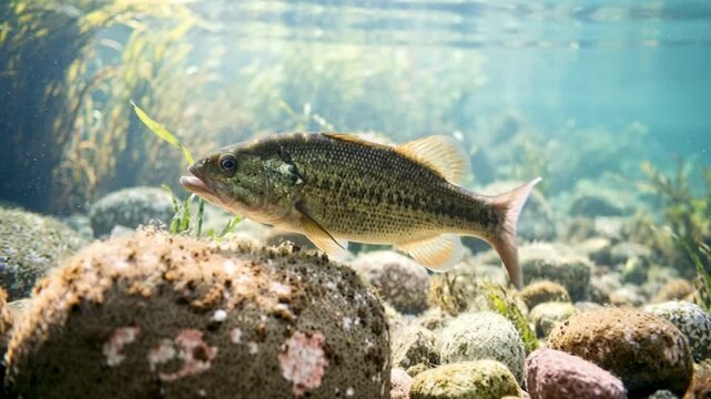 guadalupe bass underwater close up at morning light in texas river usa video