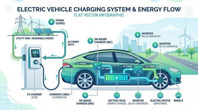 Renewable energy and ecology process flow diagram infographic. Electric vehicle charging system and energy flow infographic with renewable energy sources and components illustrated
