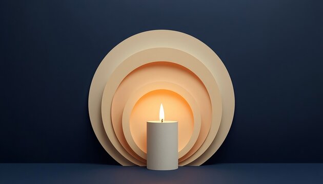 Minimal 2.5D papercut composition of glowing candle standing in front of layered beige paper arches on dark blue background