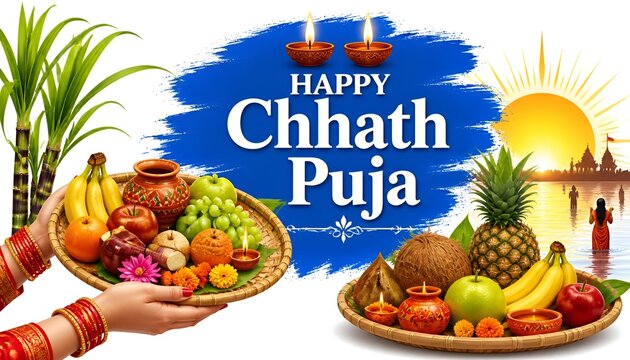 Happy chhath puja celebration with fruits and offerings