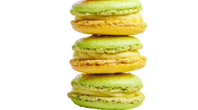 Stack of green and yellow macarons with cream filling, isolated on transparent background