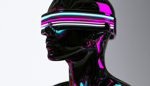 Sleek, glossy cyborg head with vibrant, glowing futuristic visor